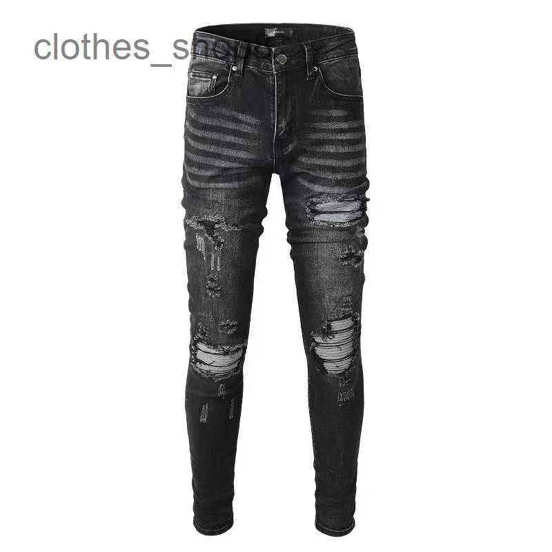 Designer Jeans Men's Jean Amirres Denim Mens Pants Brand High Street Fashion Men's Pleated Stitching Holes Slim 816 Gauy