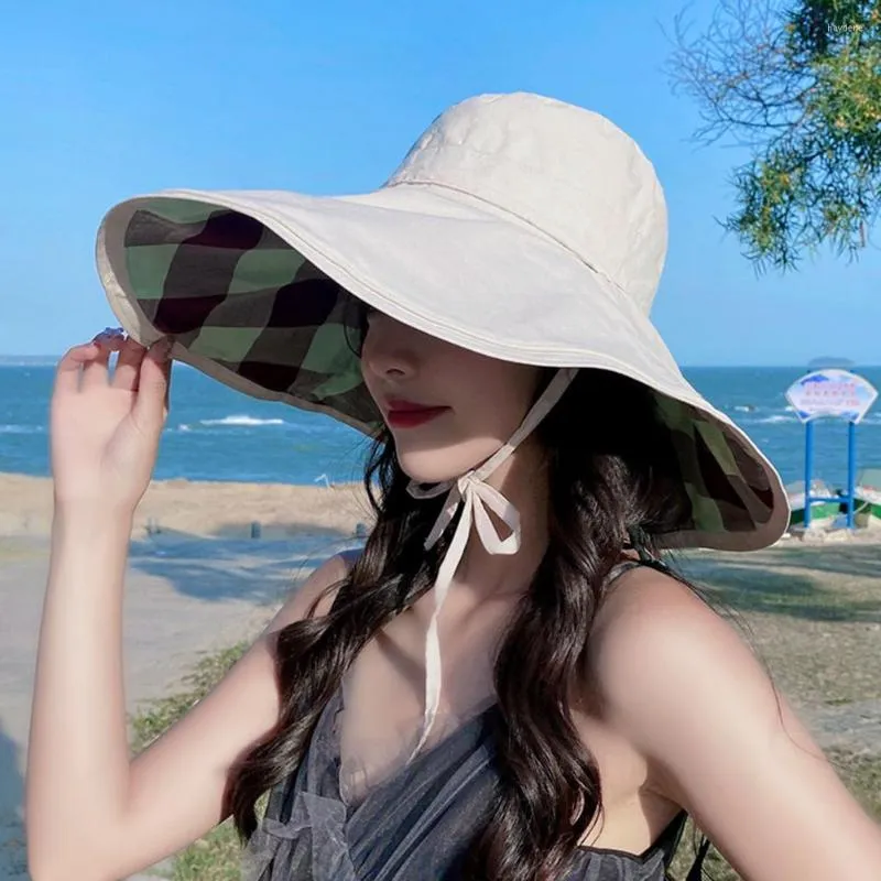 Womens Plaid Print Wide Brim Beach Bucket Hat With Sun Protection Solid  Color From Haydene, $10.35