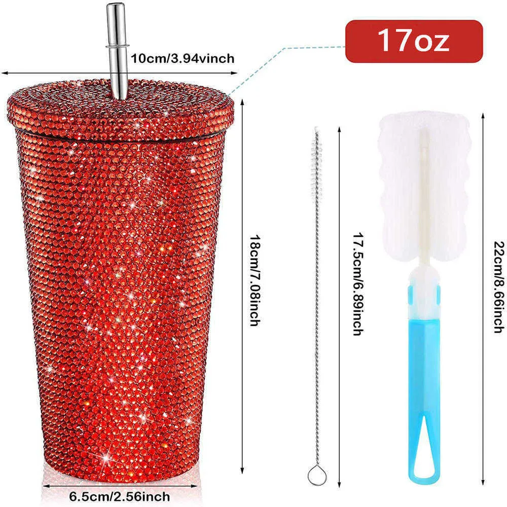 New 500ml Straw Cup With Lid Reusable Rhinestone Stainless Steel Double Layer Thermos Cups Women Glitter Cup Water Bottle Gift 2023