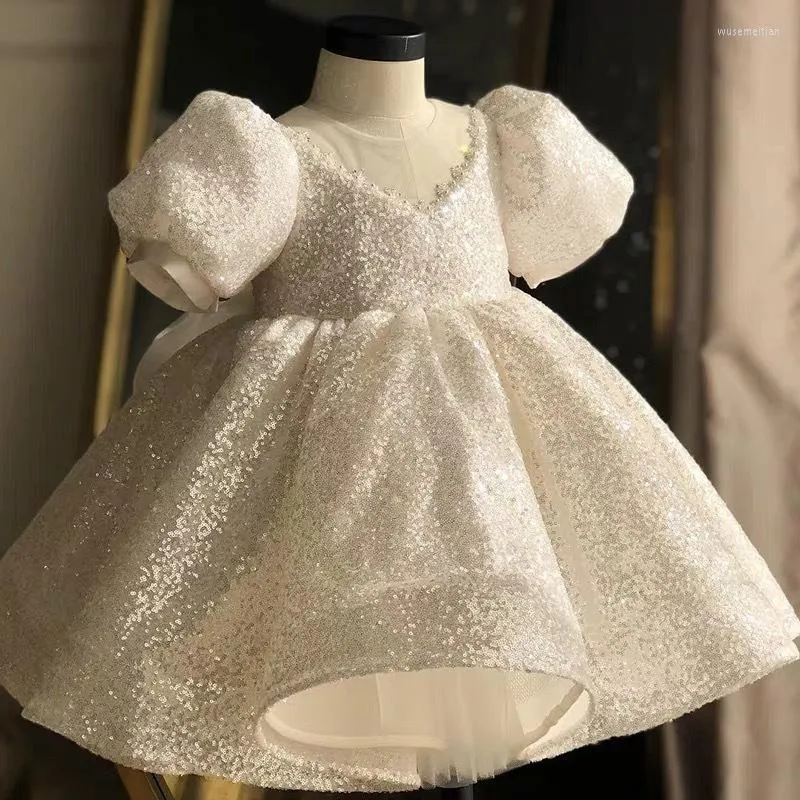Mädchen Kleider Pailletten Weißes Kleid Für Taufe Party Kleinkind Geburtstag Abend Großen Bogen Prinzessin Hochzeit Baby Vestidos