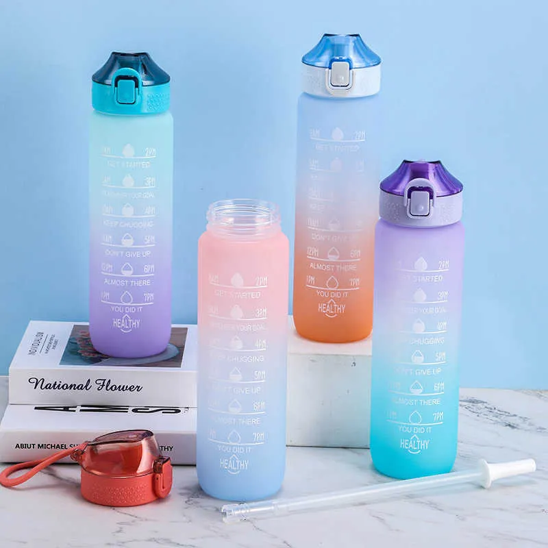 Nueva botella de agua motivacional de 1 litro con pajita con marcador de tiempo, botella de agua deportiva a prueba de fugas para gimnasio, viaje de acampada