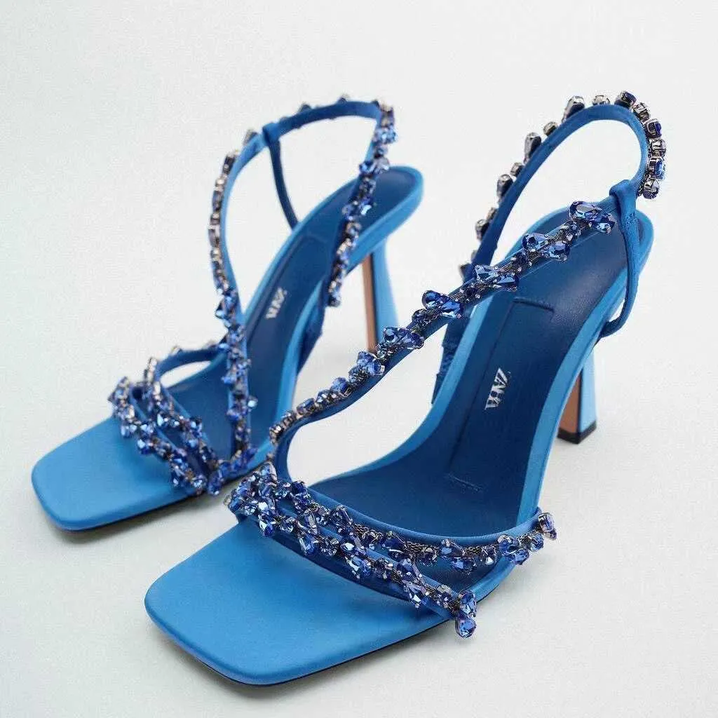 Sandalen Neue Sommer Damenschuhe Sandalen Blau Grün Perlen High Heels Luxus Edelstein Absatz 230417