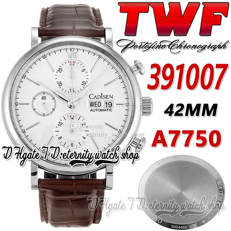 TWF 42MM Orologio da uomo tw391007 Cal.79320 A7750 Cronografo Automatico Quadrante bianco Marcatori a bastone Cassa in acciaio Cinturino in pelle marrone Cinturino Super Edition Cronometro Orologi