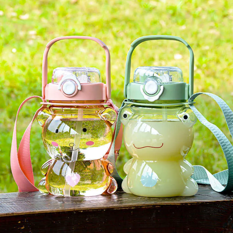 Bouteille d'eau pour enfant, mignon, grenouille, ours, grande bouteille d'eau de Sport transparente, Portable, avec paille et sangle, Double boisson, tasse en paille en plastique, nouvelle collection