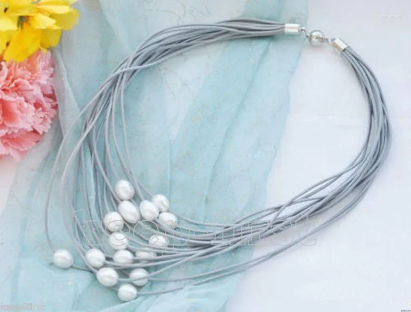 Chains Fashion 15 Rows Gray Leather Rope & 11-12mm White Freshwater Pearl Necklace