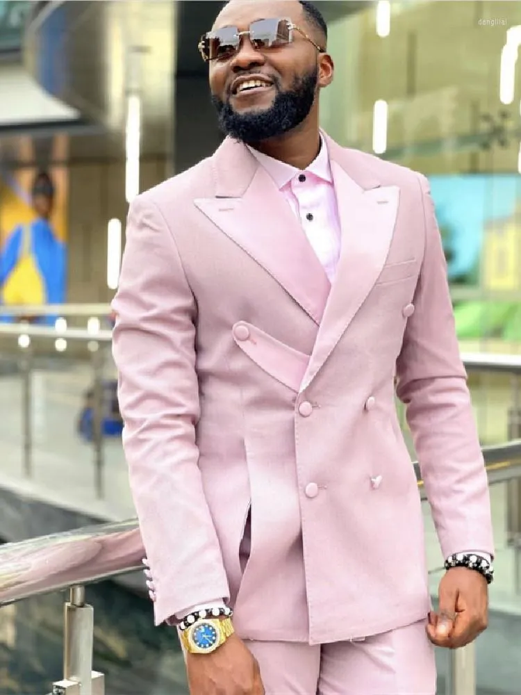 Pink Double Breasted Satin Peaked Lapel Light Pink Suit Men For