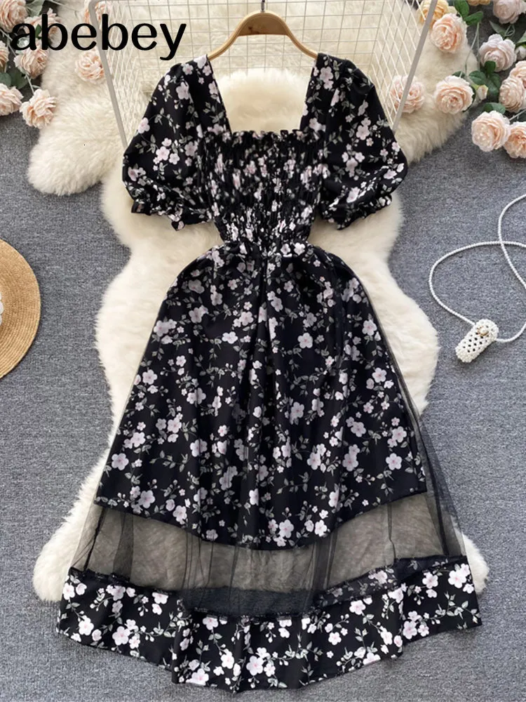 Casual Dresses Floral Summer Dress Women Vacation Casual Blackless Short Sleeve Slim Ladies French Style Dresses 230511