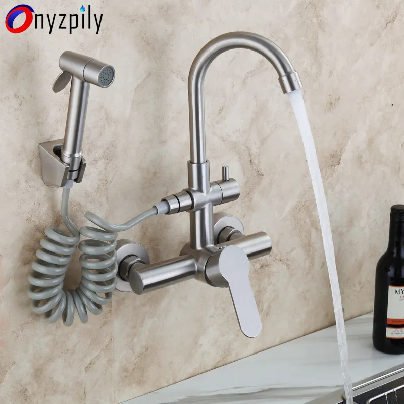 Kitchen Faucets Onyzpily Brushed Nickel 304 stainless steel Sink Faucet Mixer Tap Stream Sprayer Head Wall Installation 230510
