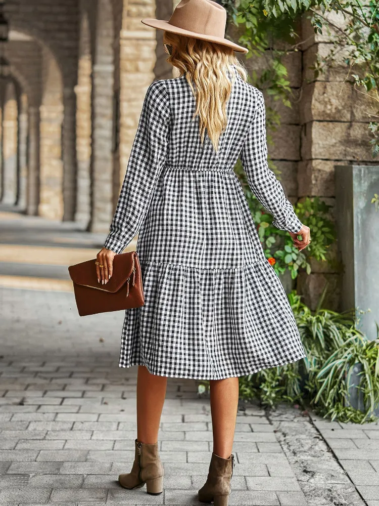 Vintage Plaid Gingham Maxi Dress For Women Casual, Turn Down