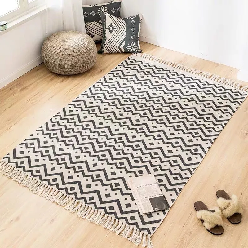 Tapis de luxe Grand rectangle Maison Boho style décor Coton lin Épaissir la géométrie tapis fait main Tatami porte sol MAT Tapis de salon 230511