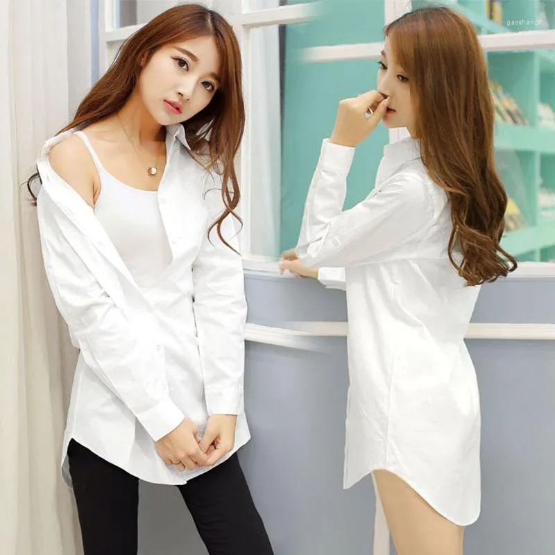 Women's Blouses Cotton Long White Women Shirts Sexy Boyfriend Style Solid Summer All Match Casual Female Outwear Coat Tops