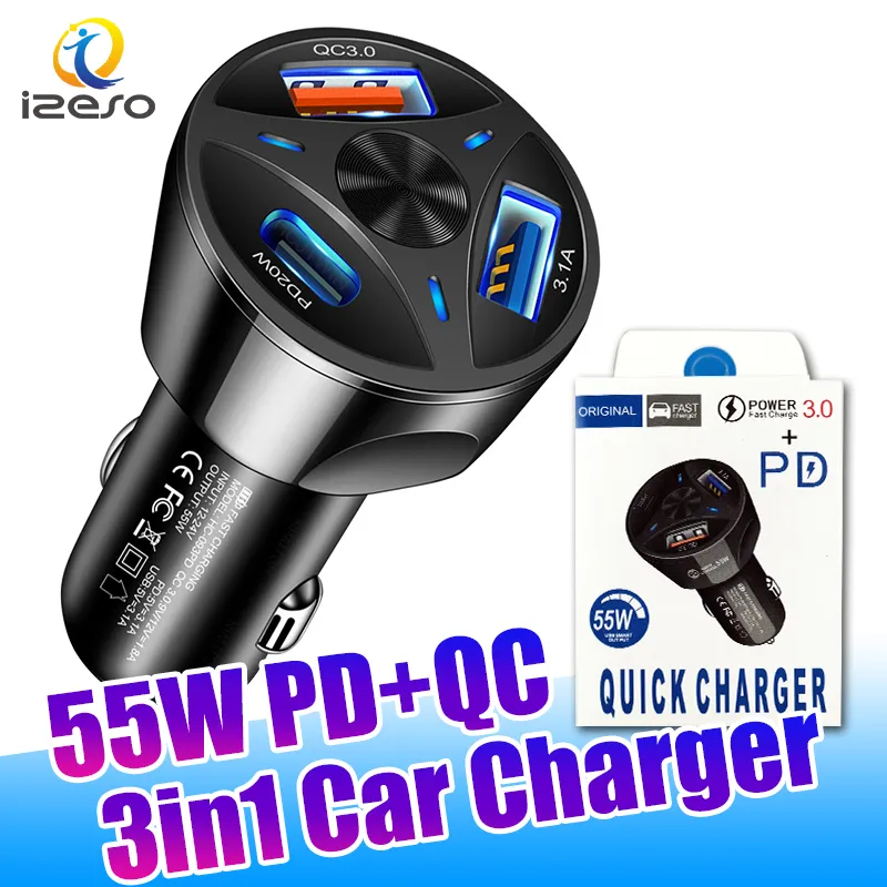 55W 3in1 USB PD Charger Type C USB3.0 Quick Charge Adapter for iPhone Samsung Mobile Phones Vehicle Chargers with Retail Package izeso