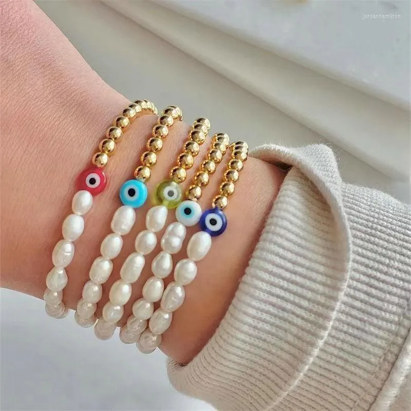 Link-Armbänder 5 teile/los Bunte Evild Eye Glasierte Glasperlen Armband Süßwasser Perle Kupfer Handwerk Schmuck Großhandel