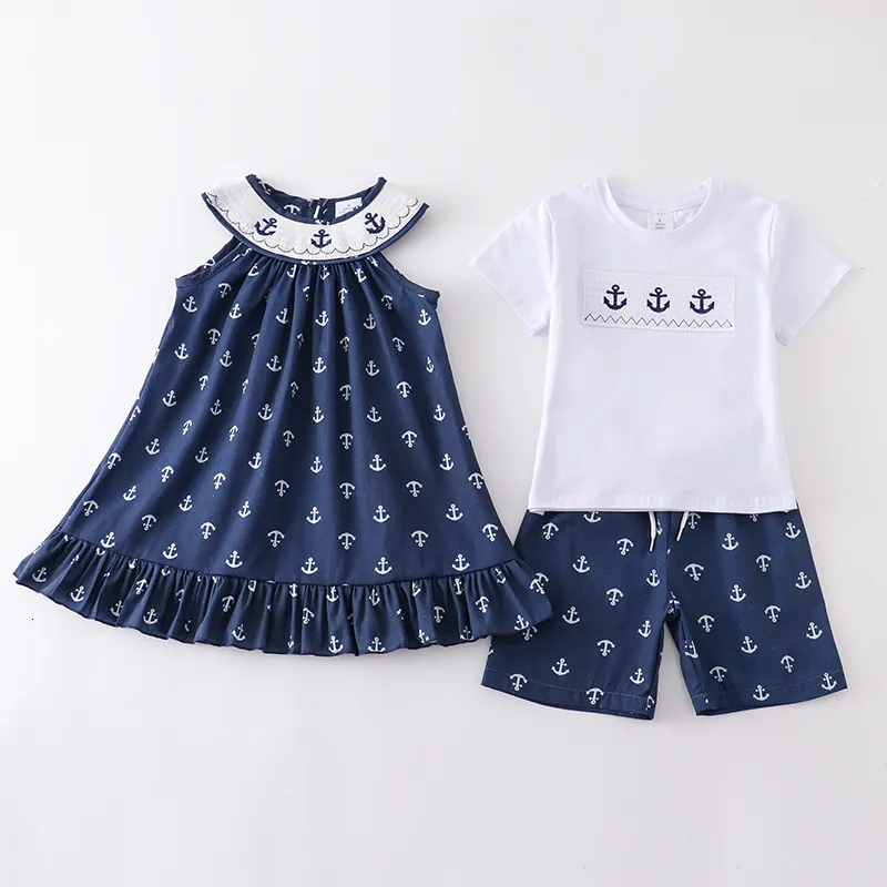 Family Matching Outfits Girlymax 4th Of July Independence Day USA Summer Baby Girls Boy s Sibling Boutique Clothes Navy Anchor Smocked Dress Shorts set 230511