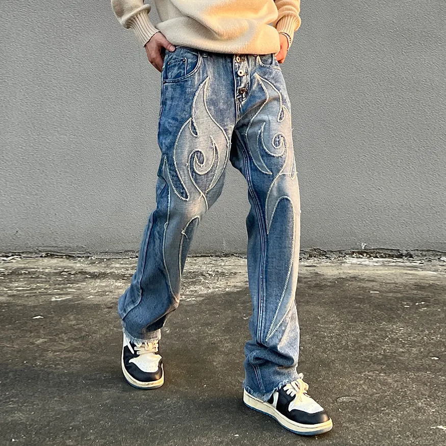 Mens Jeans High Street Solid Color Patchwork Skulls Embroidery Casual Denim Pants Men and Women Elastic Waist Baggy Trousers 230511