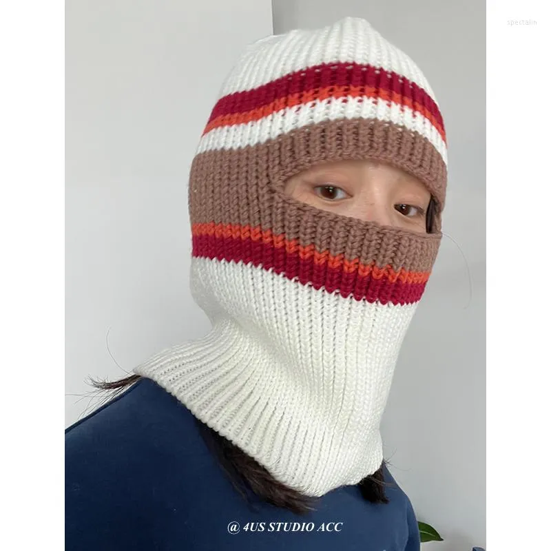 Bérets contrasté rayé cagoule femme chaud tricoté bonnet écharpe chapeau masque de Ski intégral en plein air unisexe cyclisme coupe-vent casquette