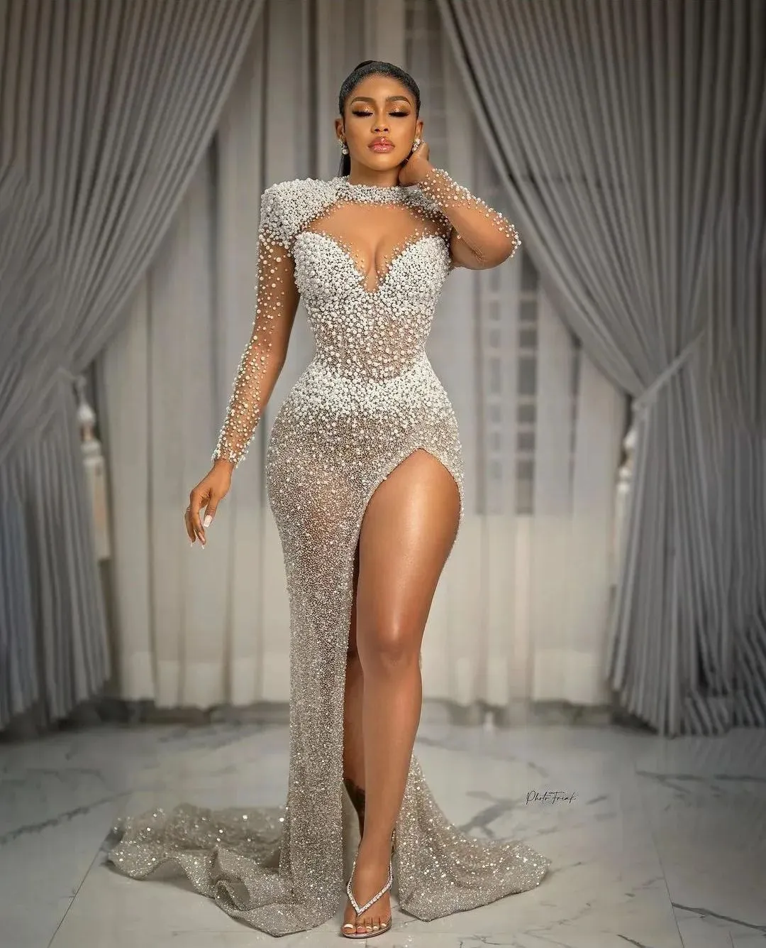 Pearls Sheer Neckline Evening Dresses with Loose Sleeves, Luxury Beaded Prom Dresses Pearls Sheer Neckline Evening Dresses with Loose Sleeves, Luxury Beaded Prom Dresses