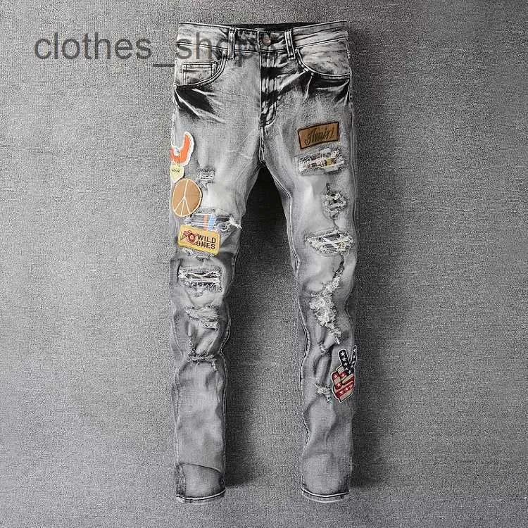 designer dżinsy męskie jean amirres dżinsowe spodnie męskie 23 nosić koreańską modę High Street Grey Flying Eagle Haft Micro elastic Slim u9ih