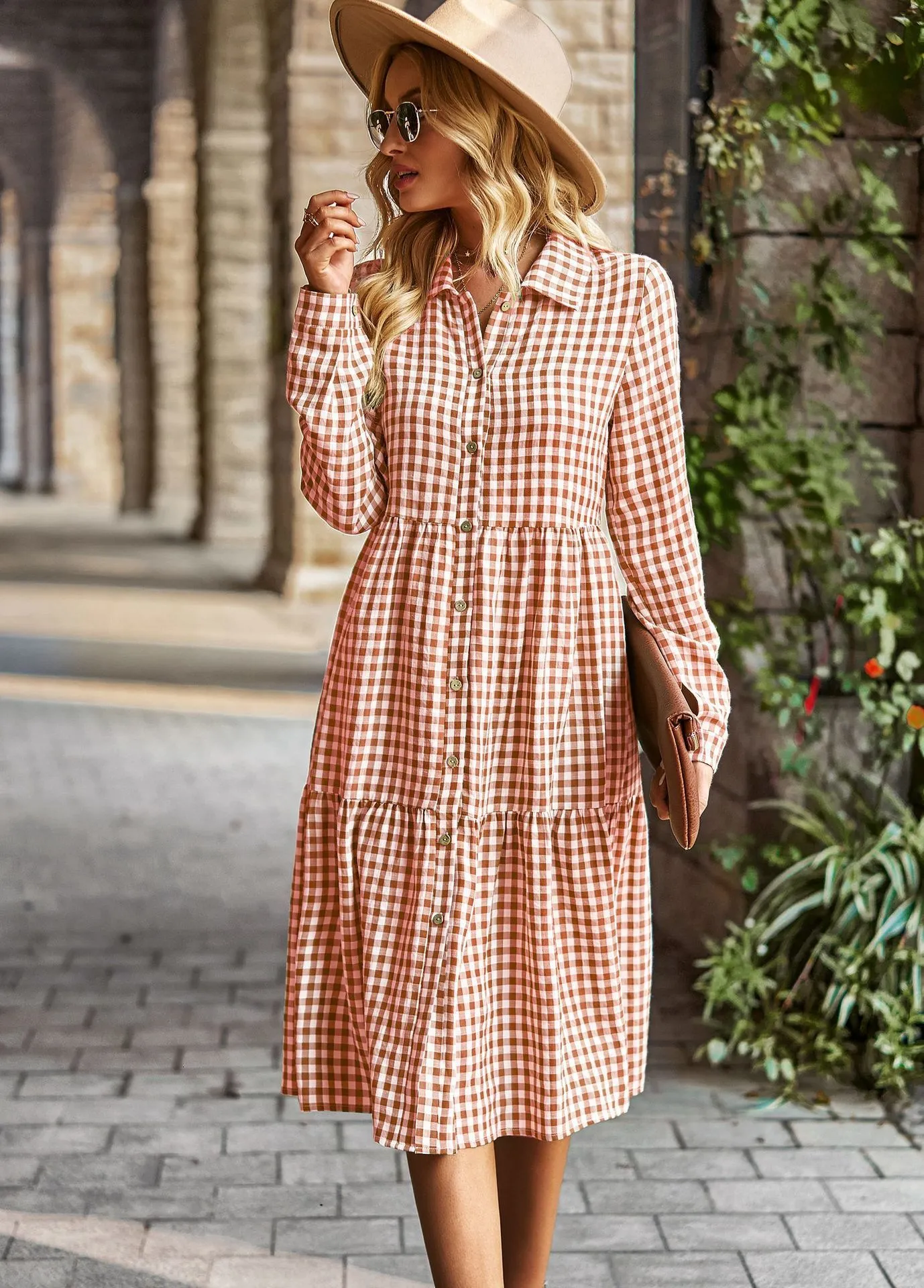 Vintage Plaid Gingham Maxi Dress For Women Casual, Turn Down