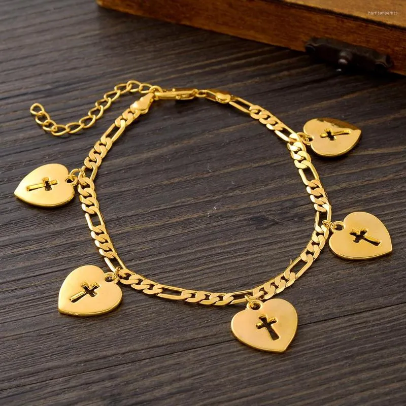 Link Bracelets 24K 21cm Gold Plated Charm Cross Heart Anklet Ethiopian Africa India USA For Man Women Jewelry Wedding Party Gifts