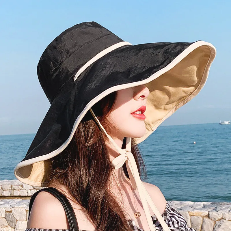 Breda randen hattar hink hattar mode kvinnor solskydd strandkap vår sommar solskyddsmedel hatt stor grim hink hatt kant antiultraviolet uv sun hatt upf 50 230511