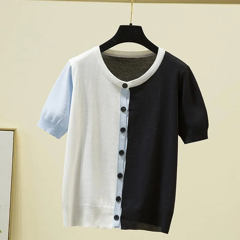 レディースTシャツニットコントラストカラーボタンカーディガン半袖シャツ女性夏のトップカミゼタスデミュージャーティーフェム韓国Tシャツ