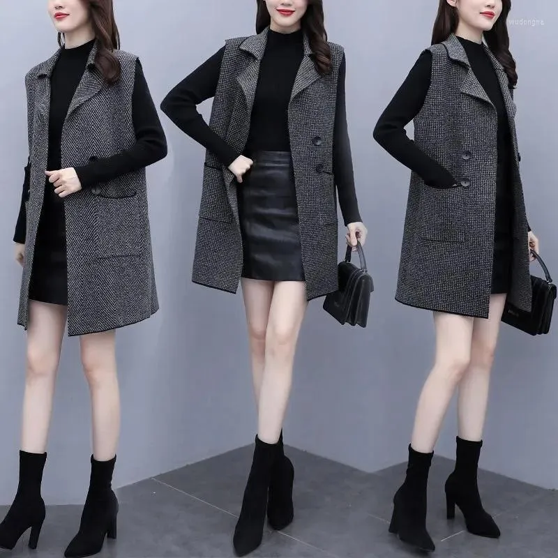 Women's Vests Fashion Long Plaid Vest Women's Autumn And Winter 2023 Korean Version Sleeveless Suit Jacket Blend Woolen Coat 2052