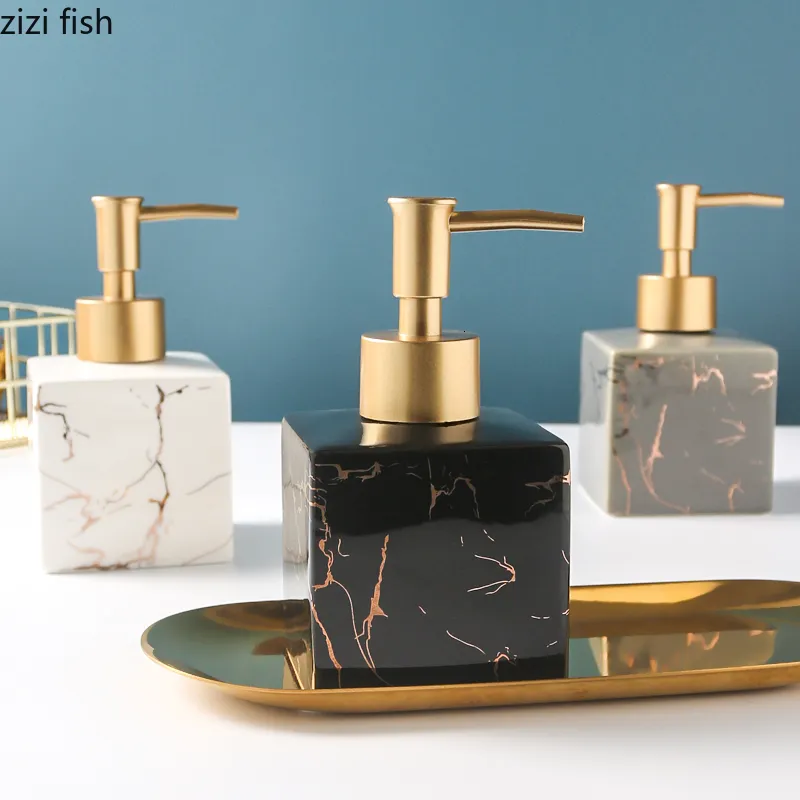 Liquid Soap Dispenser Marble Texture Square Portable Bath Supplies Shampoo Empty Bottle Golden Pressing Head Hand Sanitzer 230510