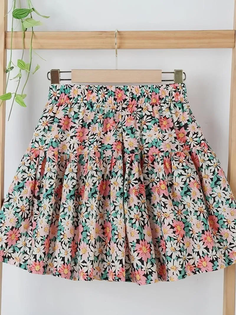 Skirts Girls Short Summer Floral 2023 A-line Umbrella Mid-size Kids Anti-walking Light Puffy