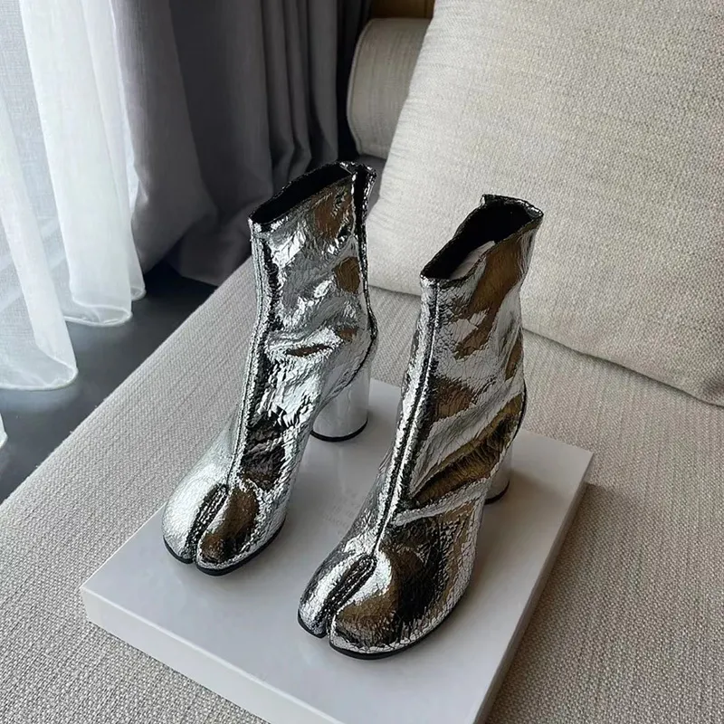 Stövlar silver tabi stövlar delade tå chunky hög häl kvinnor stövlar läder zapatos mujer mode höst kvinnor skor botas mujer 230511