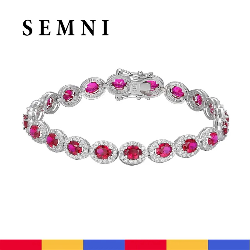 SEMNI 100% S925 Sterling Silver Oval Fancy Vivid Ruby High Carbon Diamond Charm Bracelets pour Femmes Filles Freeshipping Christams