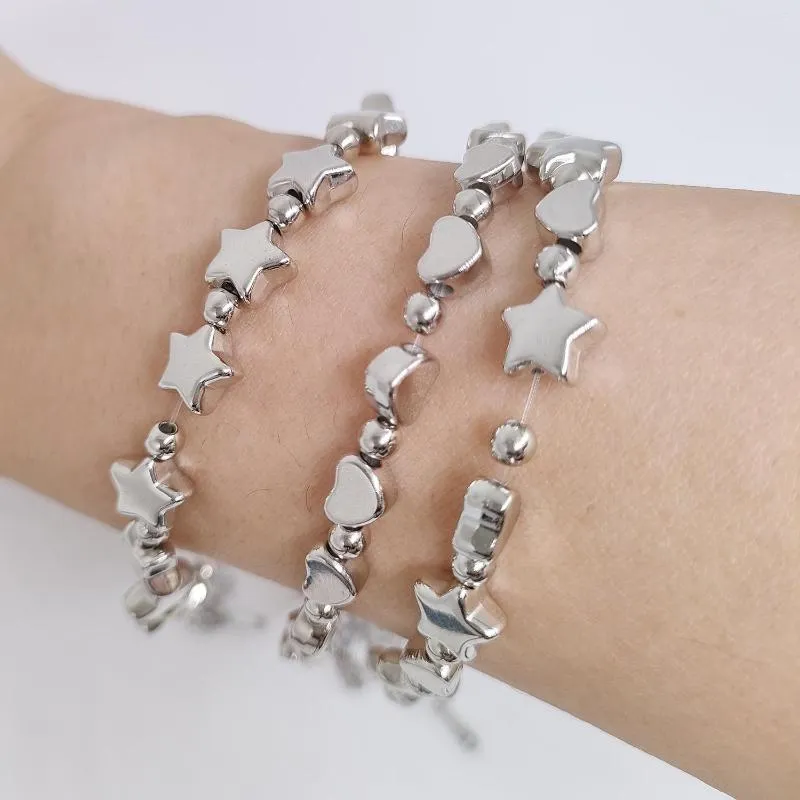 Urok bransolety vintage bling heart charms koraliki bransoletka dla kobiet dziewczęta metalowa gwiazda pentagram srebrna moda biżuteria