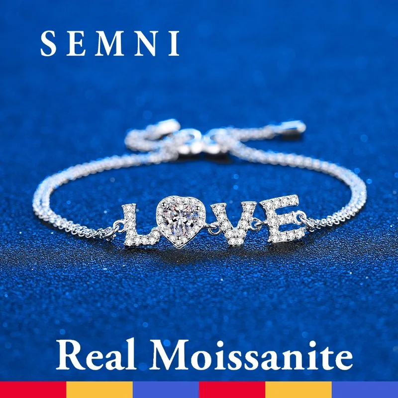 Semni GRA gecertificeerde Moissanite bedelarmband D kleur ideaal gesneden diamant platina vergulde liefde hartarmband voor vrouwen verstelbaar