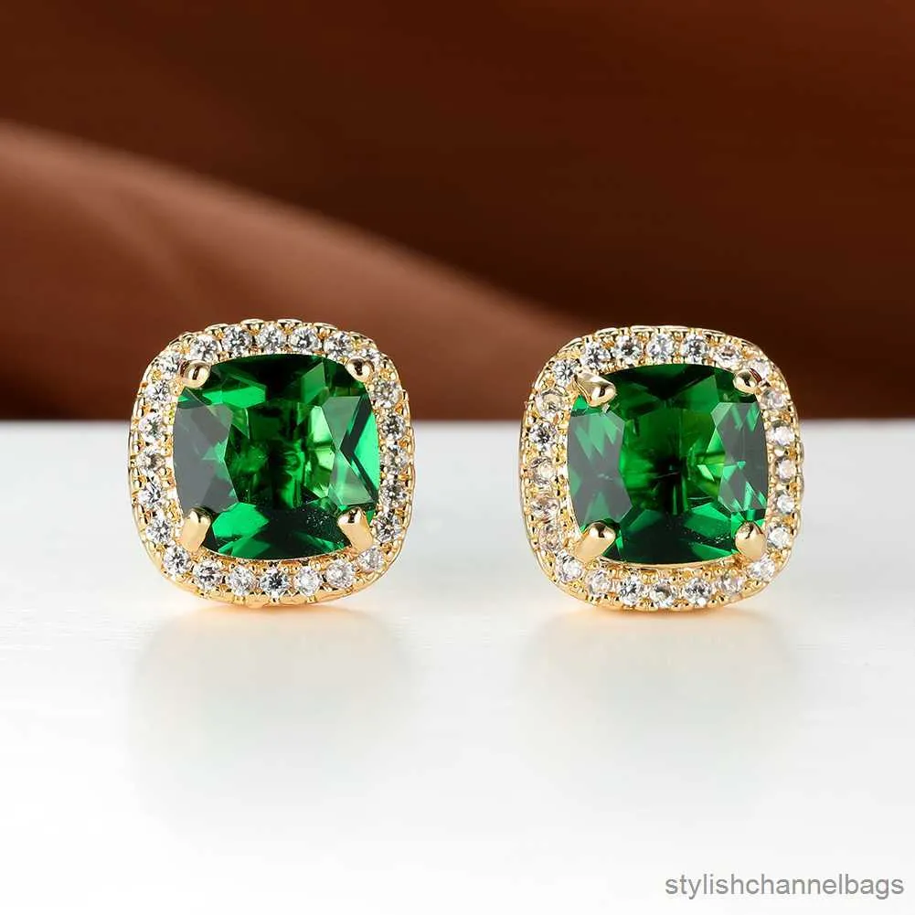 Stud Luxury Emerald Green Square Zircon Earrings for Women Princess Cut Stud Earrings 18K Gold Wedding Party Jewelry