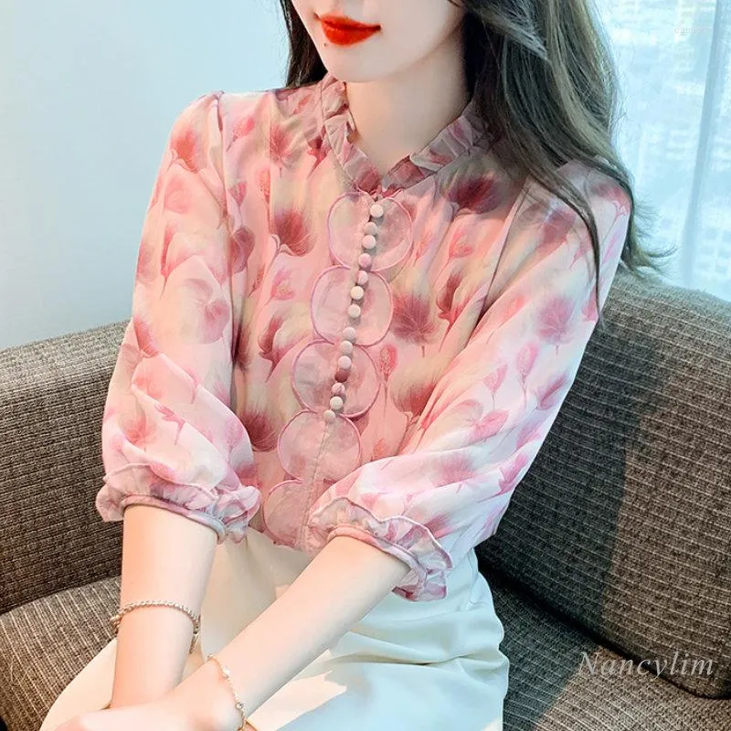 Women's Blouses Floral Chiffon Shirt Women's Summer Thin 3/4 Sleeve Blouse 2023 Beautiful Loose Young Lady Blusas All-Matching Basic Top
