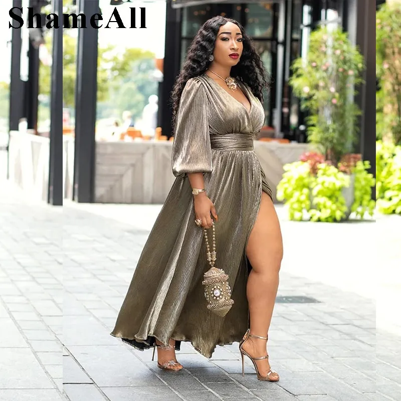 Metallic French Wrap Maxi Women Shein Dresses With Long Sleeves V Neck High Slit And 3XL Plus Size For Elegant Evening Parties Vestido 230511 From Cong02 23.73 DHgate.Com
