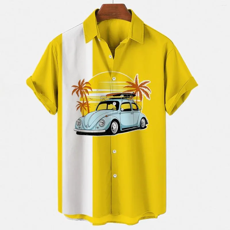 Chemises décontractées pour hommes pour hommes chemise hawaïenne hommes jaune rayé arbre voiture impression noix de coco lâche revers simple boutonnage S-4XL Blouses