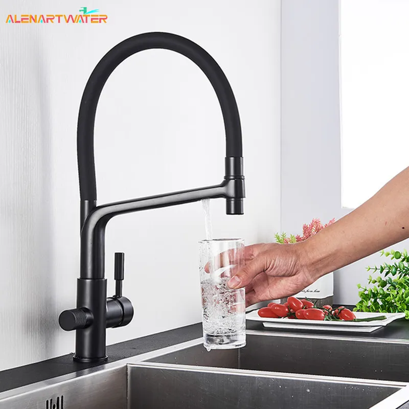 Kitchen Faucets Filter Black Dual Spout Drinking Water Mixer 360 Degree Rotation Cold Purification Feature Tap 230510