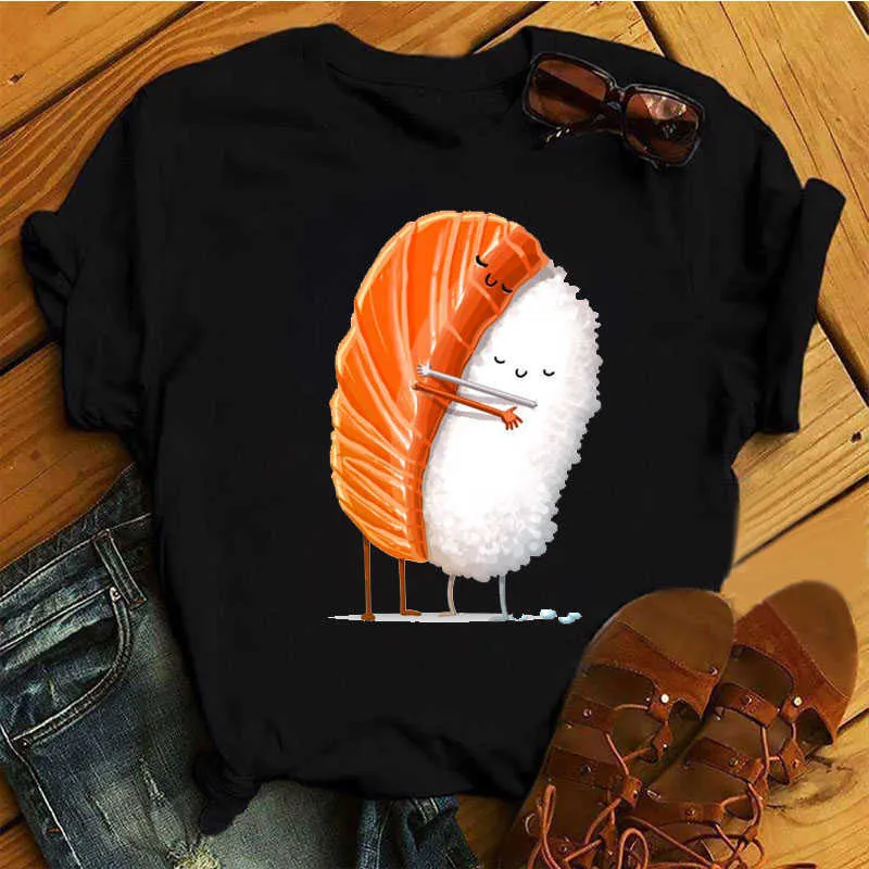 Dames t-shirt dames zwarte t-shirts zomer schattige sushi knuffel korte mouwen shirt shirt femme 2022 zomer o-nock kaii kleding tops dames t-shirt p230511