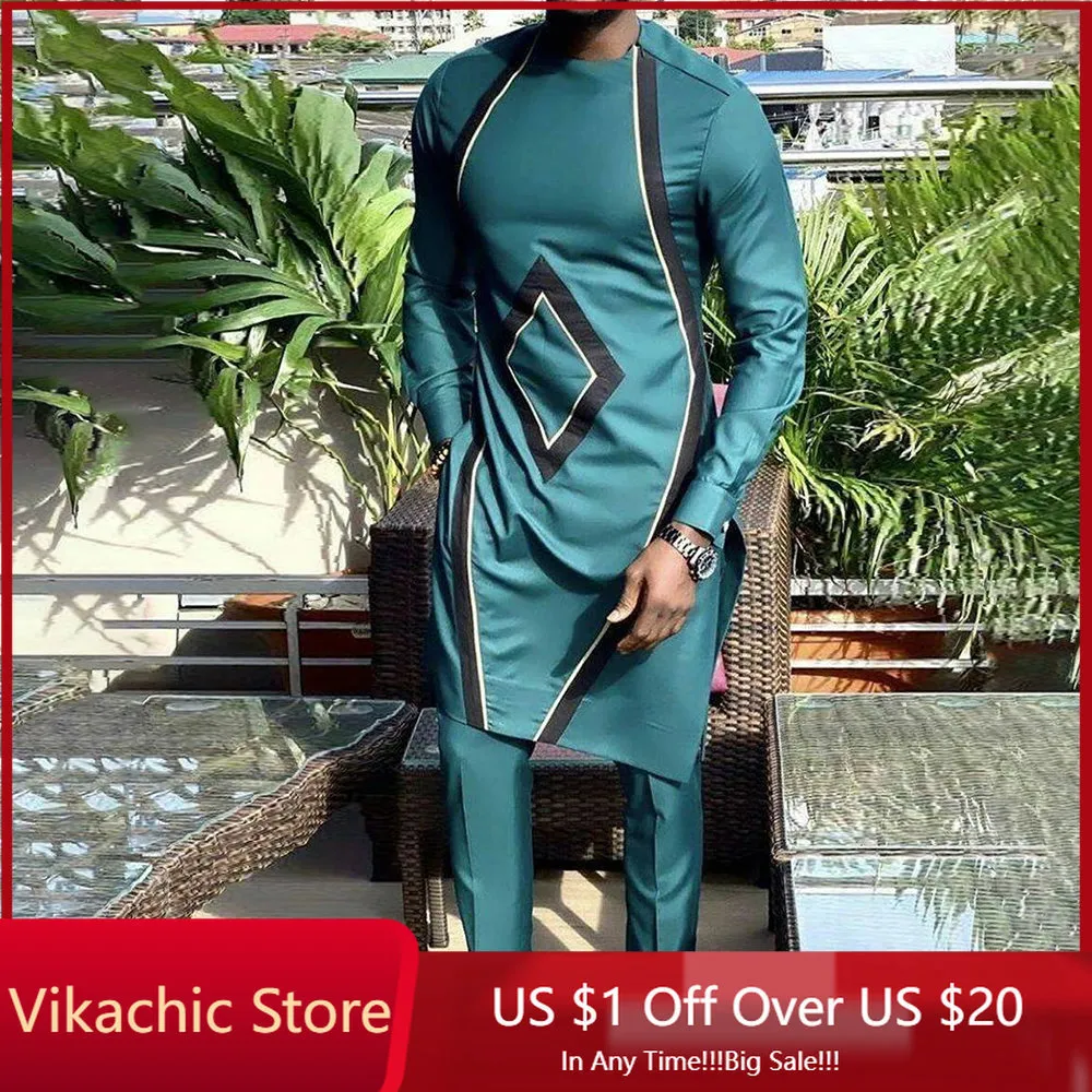 Tute da uomo Dashiki Abbigliamento africano per uomo Casual Abito con stampa geometrica verde Camicia a maniche lunghe Pantaloni Abito africano per uomo Set 2 pezzi 230511