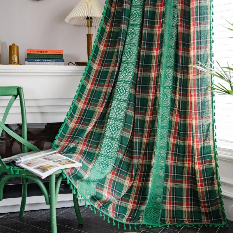 Gardin American Cotton Linen Window Green Plaid Hollow Out Stick Curtain Blackout med Tassel för vardagsrummet