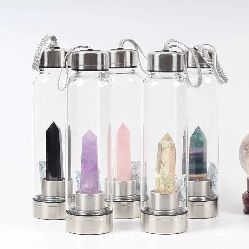 Nova garrafa de água de cristal natural 500ml quartzo gem stick copo energia bem-estar beber direto presente