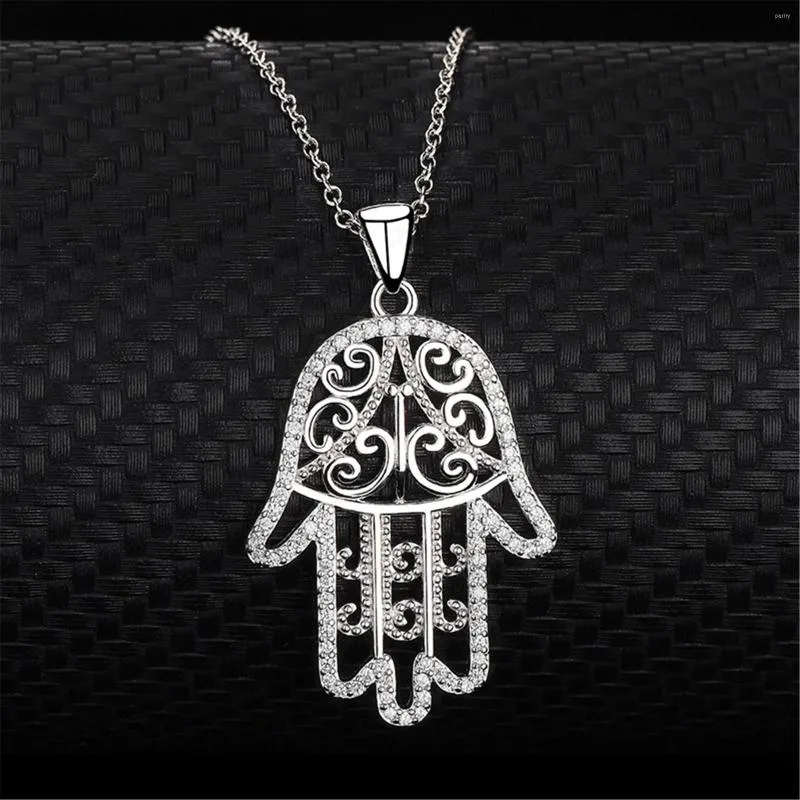 Pendentif Colliers Main De Fatima Argent Hamsa Palmier Creux Collier Avec Zircon Pour Femmes Fille Amie Cadeaux À La Mode Clavicule Chaîne