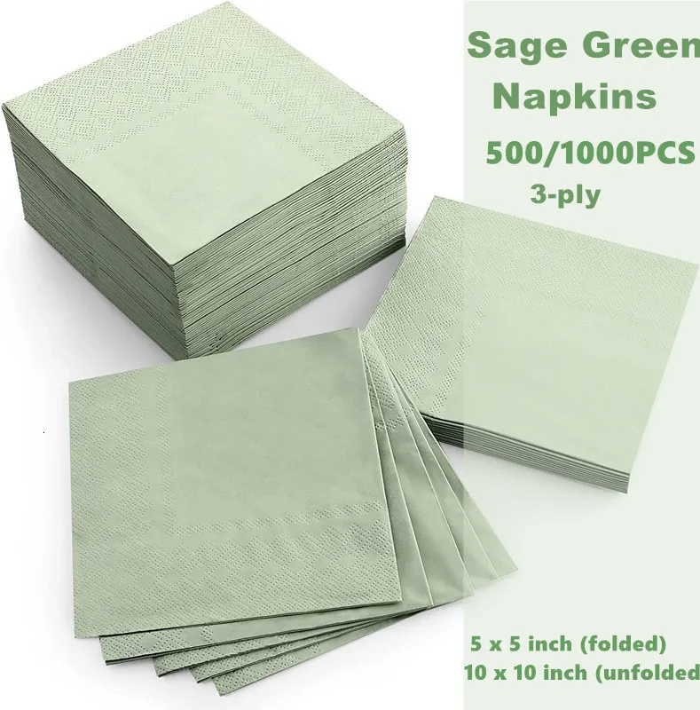 Serviette de Table 500 PCS Vert Sauge Papier Cocktail Serviettes Jetable 3 Plis Boisson En Relief Mariage Doux pour Anniversaire Dîner Fête Nuptiale Douche 230511