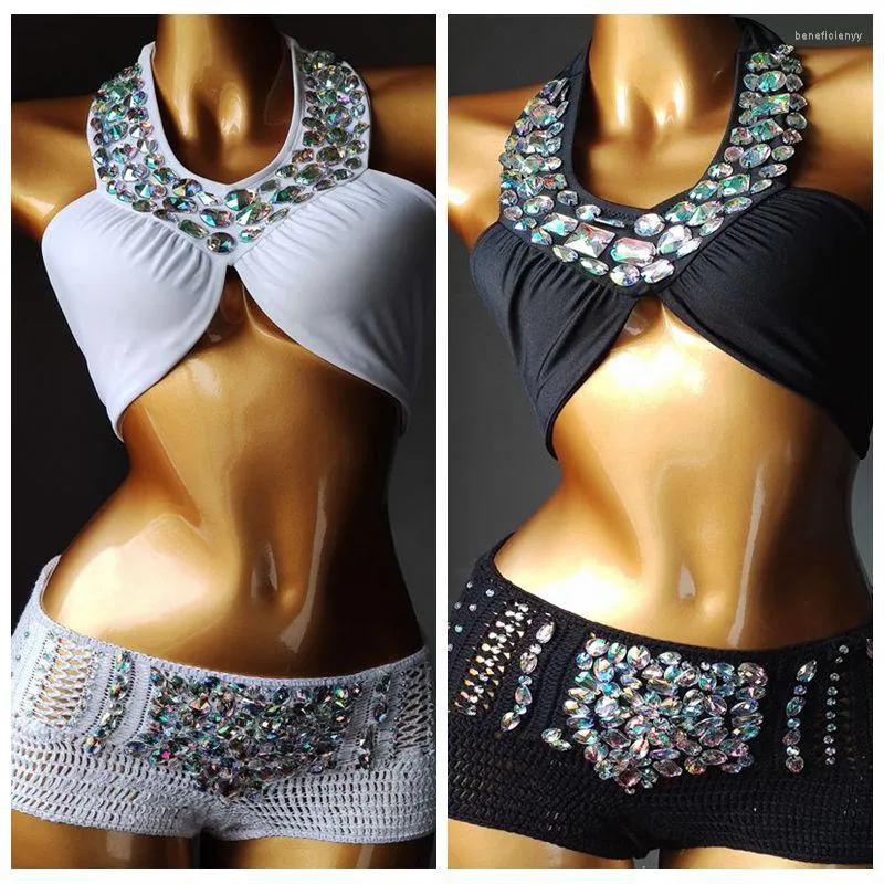 Women's Swimwear 2023 Vacation Sexy Bikini Set Diamond Rhinestion Push Up Handmade Crochet Bathing Suit High Waist Swimsuit