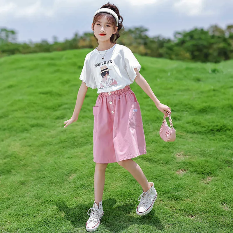 Clothing Sets Children Clothes Summer Lace sleeve T-shirt + Skirt Outfits  for Girls Cute Kids Clothing Teen baby Girls Sets 3-12 Years AA230510