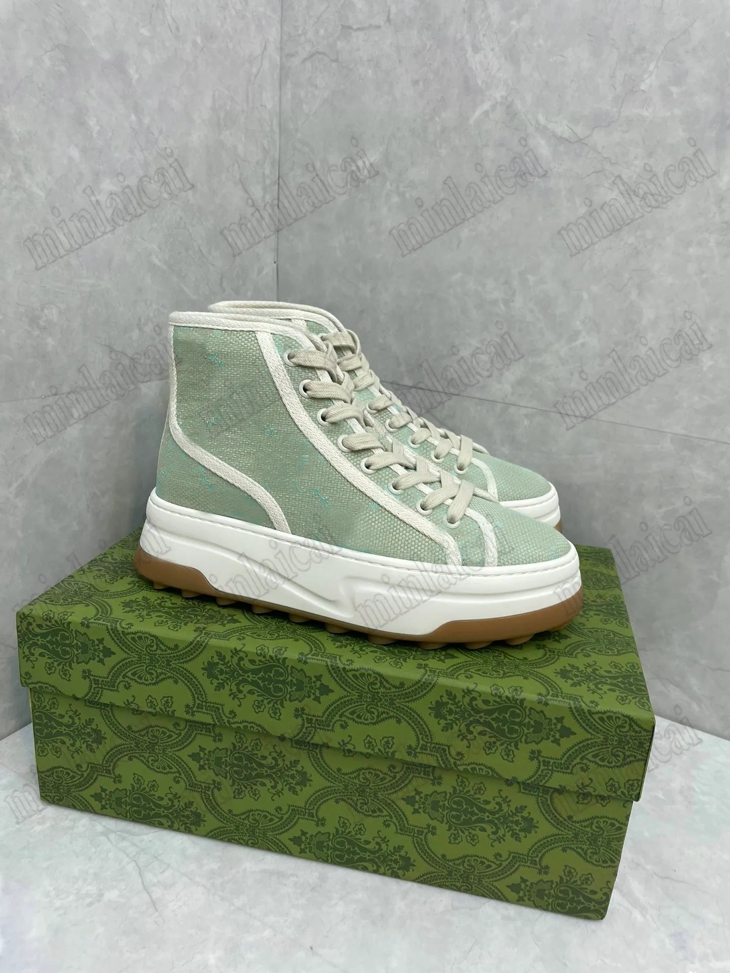 Kanvas Ayakkabılar Bayan Tenis Treck Sneaker Double G Chunky Lastik Sırtı Taban Çizmeler Tasarımcı Yüksek Üst Spor Ayakkabılar Bağcıklı Lüks Moda İtalya Günlük Ayakkabı