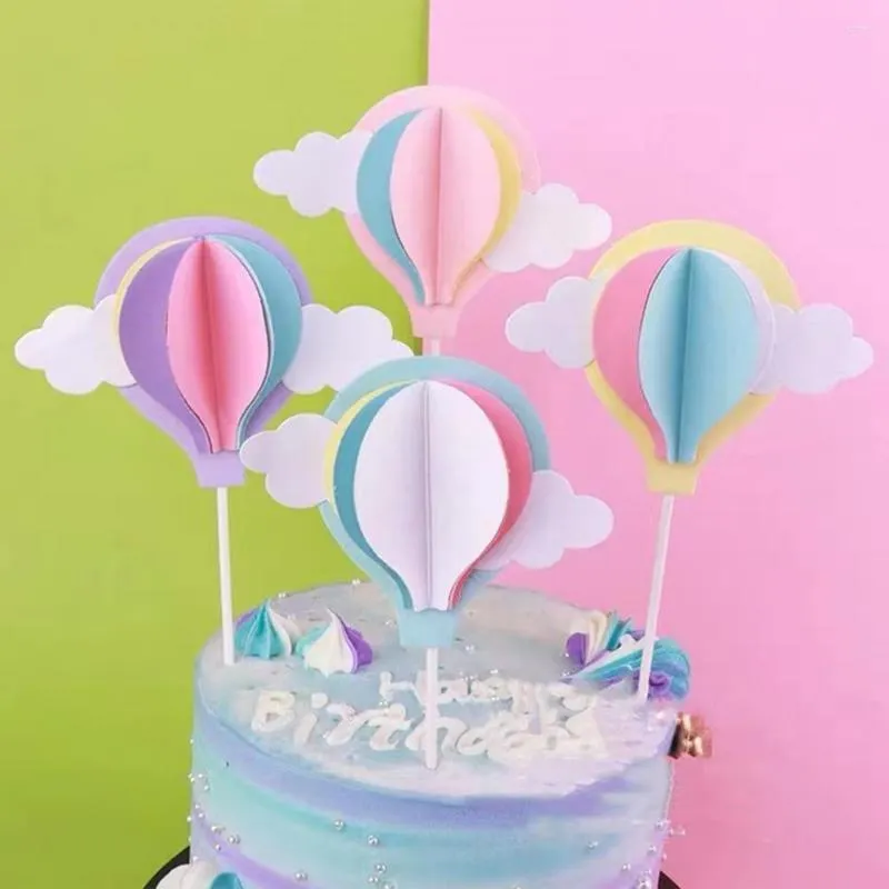 Forniture festive 6Pcs Cake Stick Cartoon Air Balloon Design Insert 3D Paper Balloons Cloud Toppers Decoration