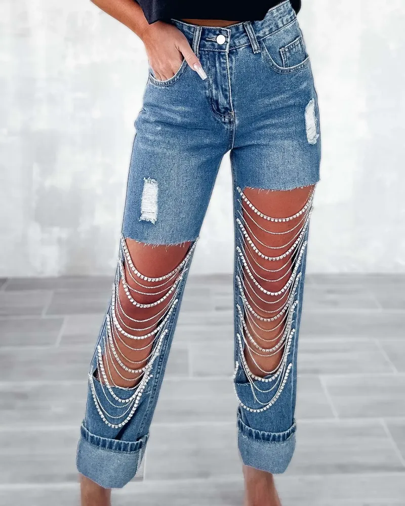 Cyber Y2k Vintage Hollow Hole Chain Straight Jeans Feminino Outono Cintura Alta Loose Denim Calças Longas Casual Streetwear Calças dos anos 90