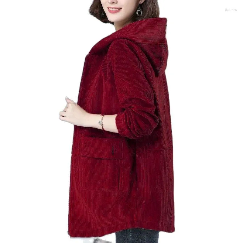 Trench da donna Giacca con cappuccio in velluto a coste Donna Mid-Long Primavera 2023 Autrumn Coreano Madre di mezza età Giacca a vento Sciolto Cappotto selvaggio 492